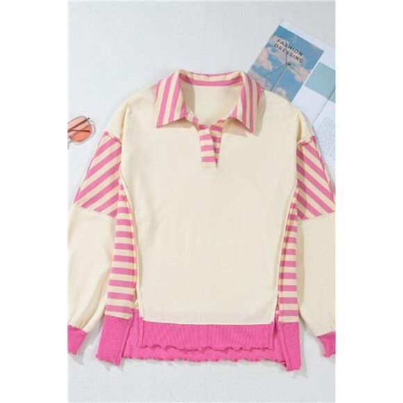 Striped Johnny Collar Long Sleeve Sweatshirt - Picture 3 of 4